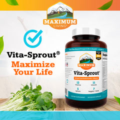 Maximum Living VitaSprout capsules close-up, highlighting convenient daily nutrition.