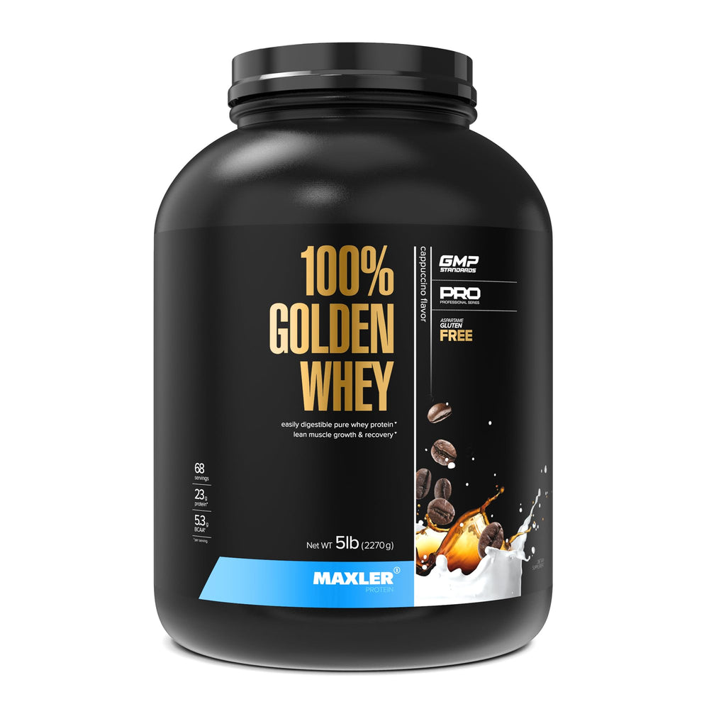 Maxler 100% Golden Whey Cappuccino Powder 5 lb boosts daily protein for workouts.