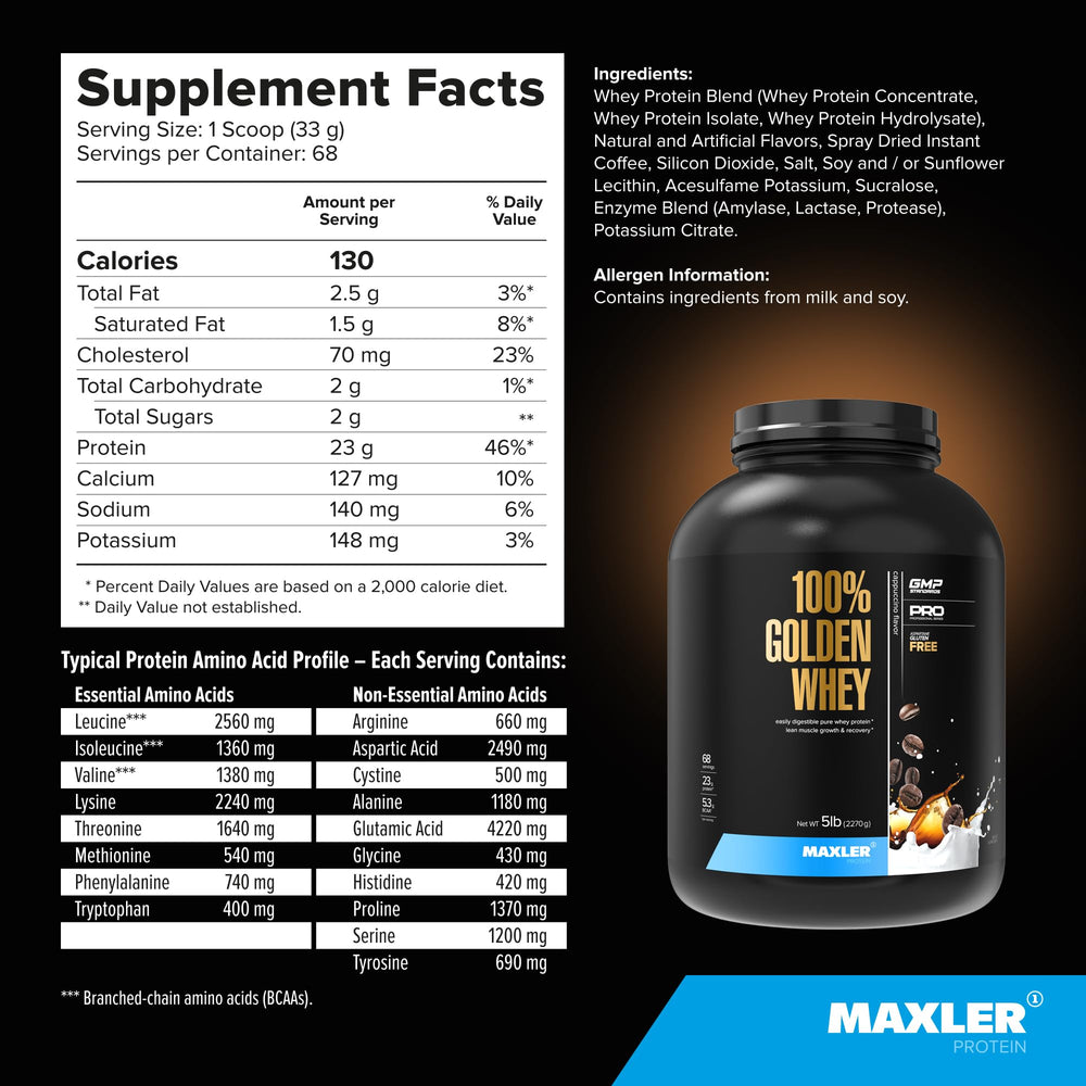 Maxler 100% Golden Whey Made in USA GMP compliant packaging.