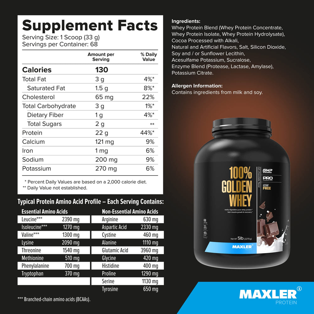 Label close-up of Maxler 100% Golden Whey, featuring Rich Chocolate flavor.