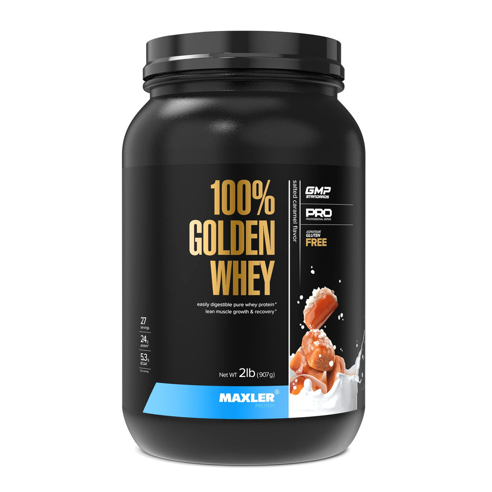 Maxler 100% Golden Whey salted caramel tub supports workouts with high-protein.