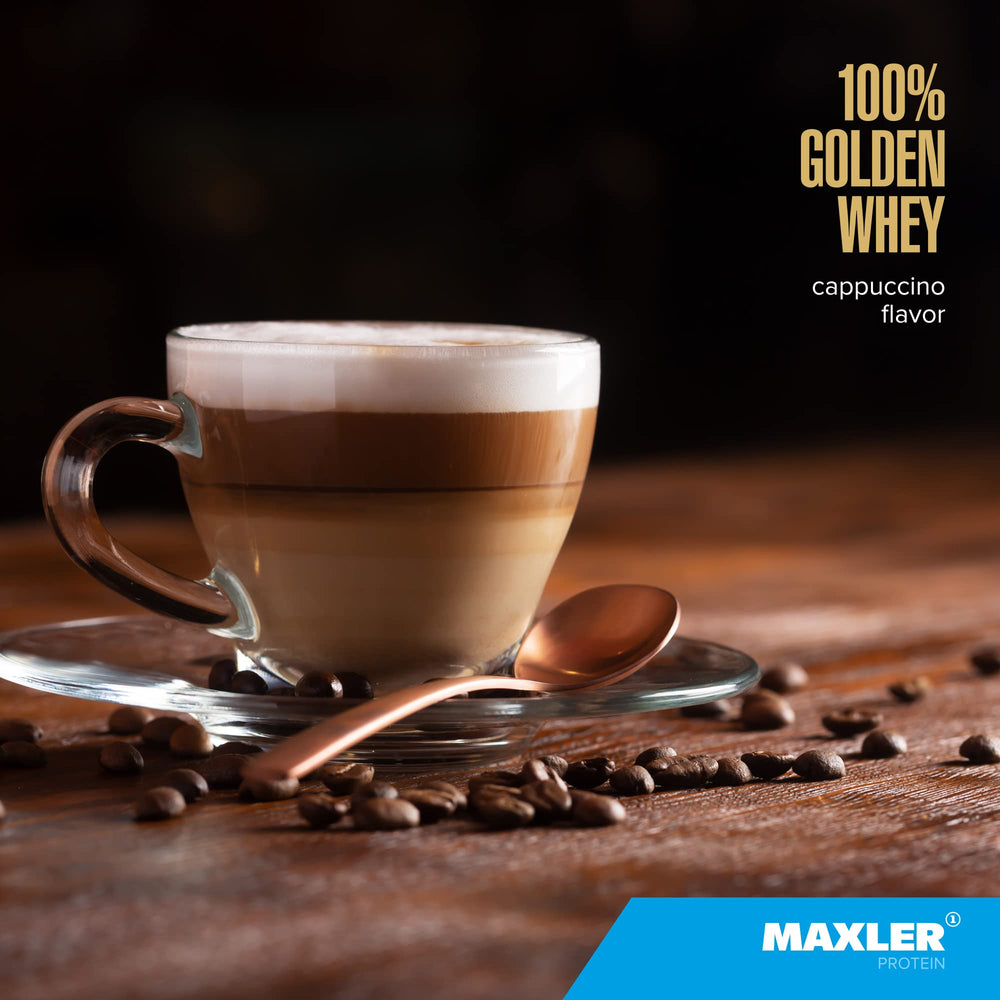 Maxler 100% Golden Whey shake in tumbler highlights tasty, low-sugar post-workout option.