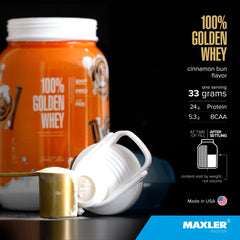 Smooth mix of Maxler 100% Golden Whey in a glass demonstrates easy blending and rich texture.