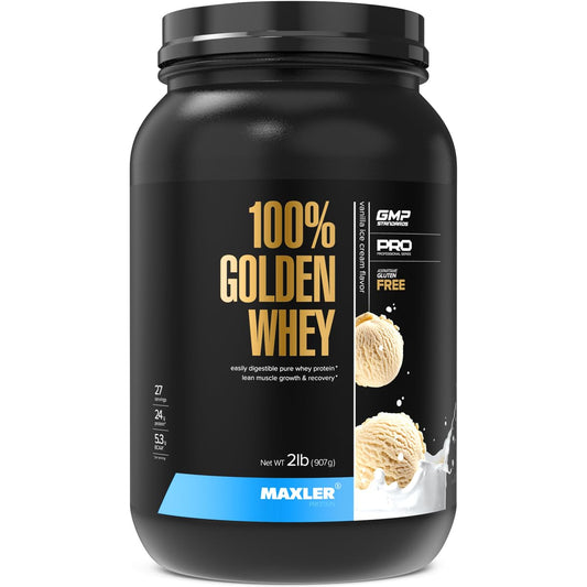 Maxler 100% Golden Whey Vanilla Ice Cream 2 lb, vanilla flavor close-up for shakes.