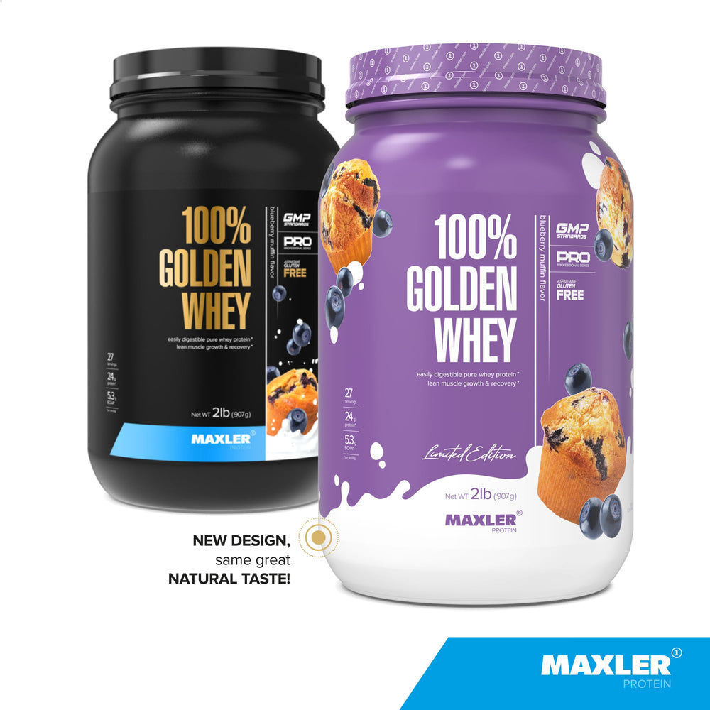 Maxler 100% Golden Whey powder with scoop for precise serving and quick mixing