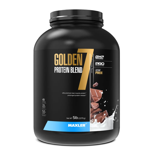 Maxler Golden 7 bottle with premium dairy protein blend for workouts.