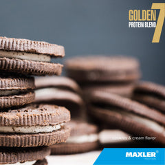 Maxler Golden 7 Cookies & Cream tub highlighting flavor and amino acid profile
