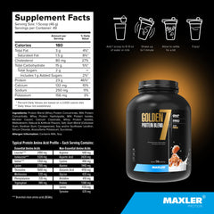 Maxler Golden 7 protein blend milk powder close-up highlighting protein richness