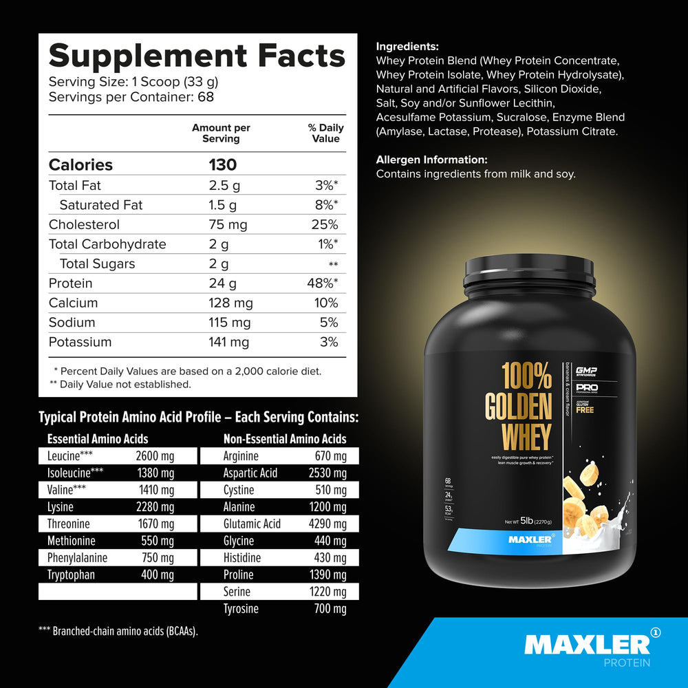 Maxler Golden Whey with glass of milk and scoops, showcasing rich texture.