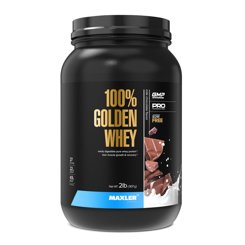 Maxler 100% Golden Whey bottle pour for post-workout convenience.