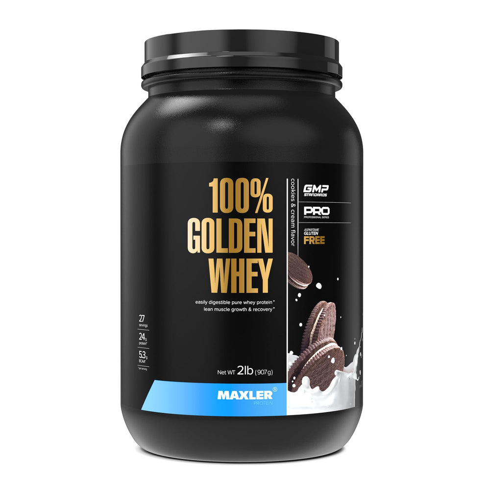 Maxler Golden Whey Cookies and Cream packaging highlights premium protein for daily fueling