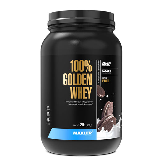Maxler Golden Whey Cookies and Cream packaging highlights premium protein for daily fueling