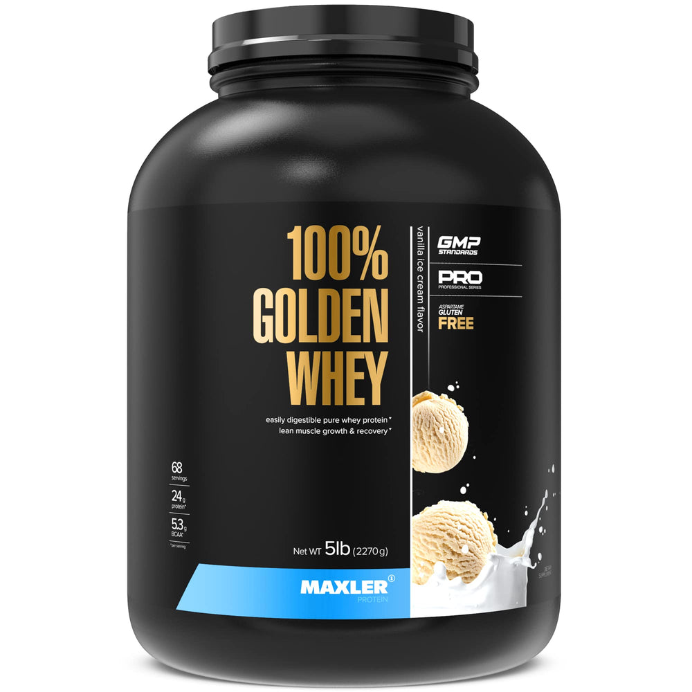 Maxler 100% Golden Whey Vanilla Ice Cream tub front, premium protein source for workouts