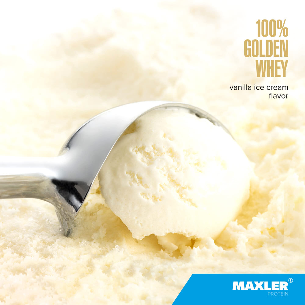 Maxler whey protein scoop image—easy mixing with water or milk.