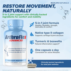 MAXLIFE NATURALS ArthroFlex Advanced capsules display natural ingredients for joint comfort.