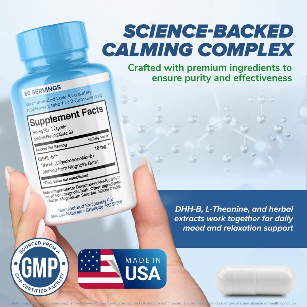 MAXLIFE NATURALS Chill Pill bottle on table ready for daily routine and calm.