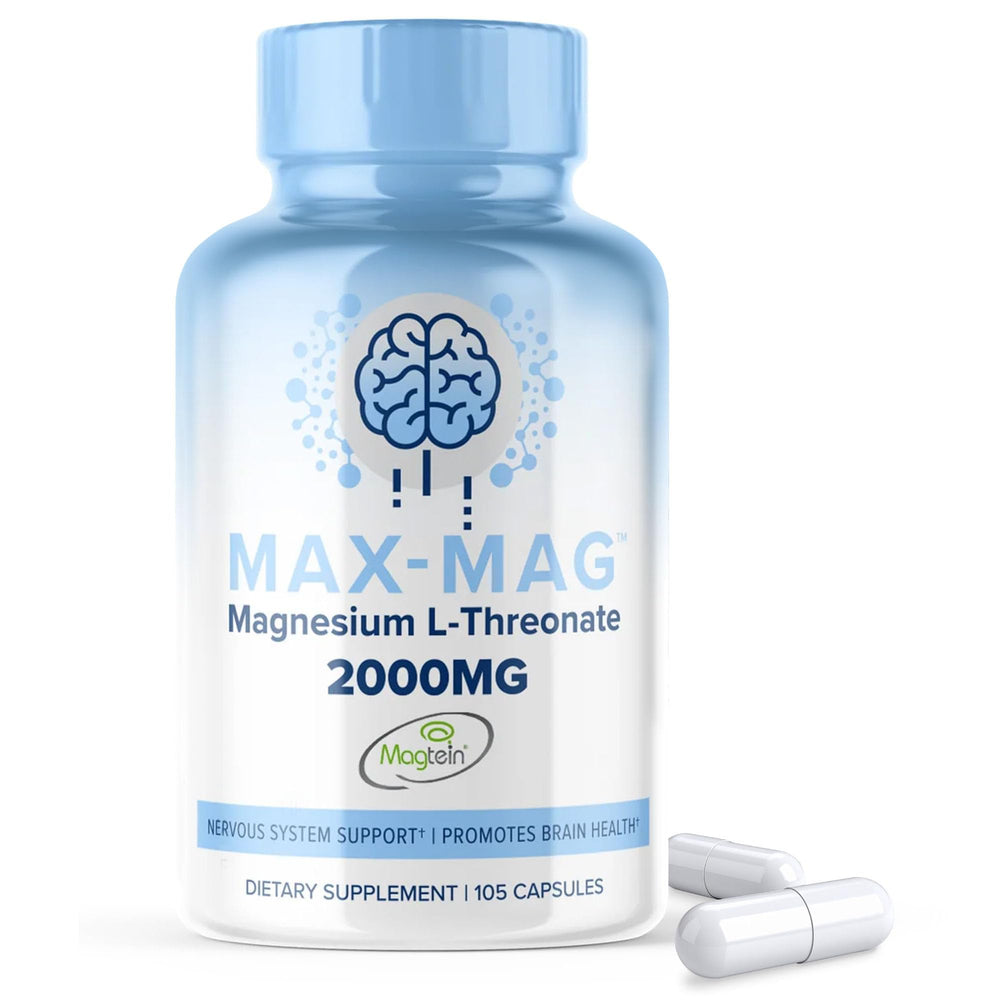 MAXLIFE NATURALS Max-Mag bottle with capsules for daily magnesium support and focus.
