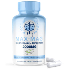 MAXLIFE NATURALS Max-Mag bottle with capsules for daily magnesium support and focus.