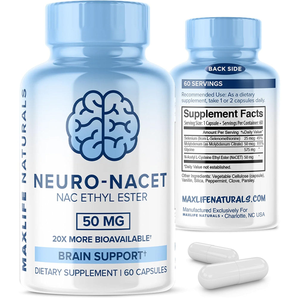 MAXLIFE NATURALS Neuro NACET bottle highlights advanced NACET for brain support