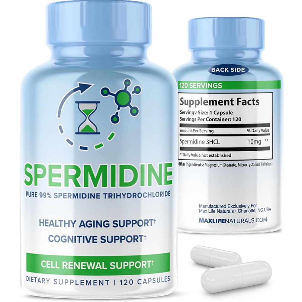 MAXLIFE NATURALS Pure Spermidine 3HCL bottle front promotes daily vitality