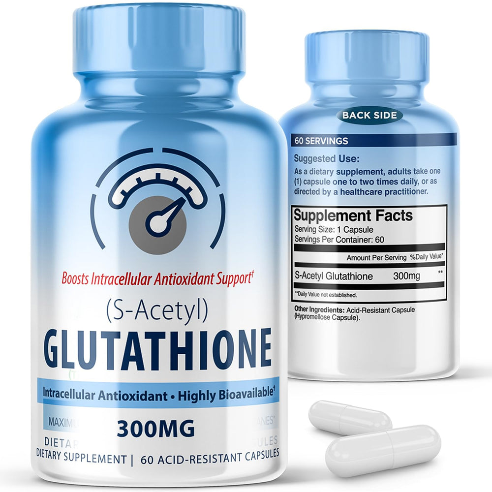 MAXLIFE NATURALS S-Acetyl L-Glutathione bottle signals reliable bioavailability for daily antioxidant support