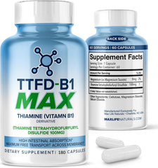 MAXLIFE NATURALS TTFD Thiamine B1 bottle and pour for energy support.