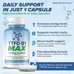 Close-up of MAXLIFE NATURALS TTFD Thiamine B1 capsules highlighting absorption.