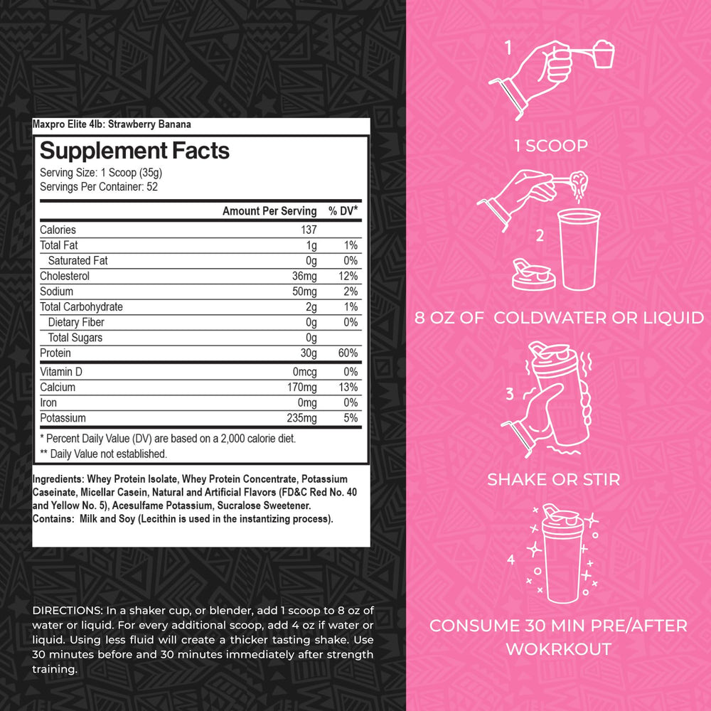Max Muscle Maxpro Elite label closeup emphasizes low sugar formula and premium ingredients.