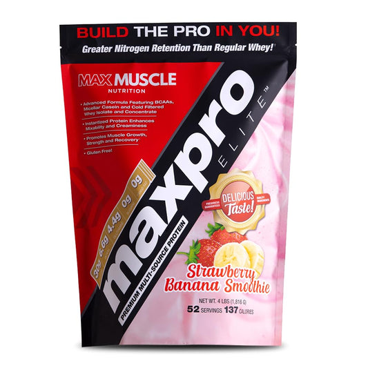 Max Muscle Maxpro Elite tub front showing multi-source protein blend for steady post-workout support.