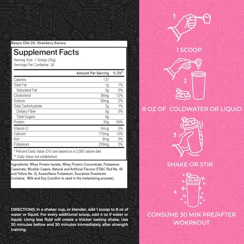Max Muscle Maxpro Elite whey tub showing ingredients for quality protein
