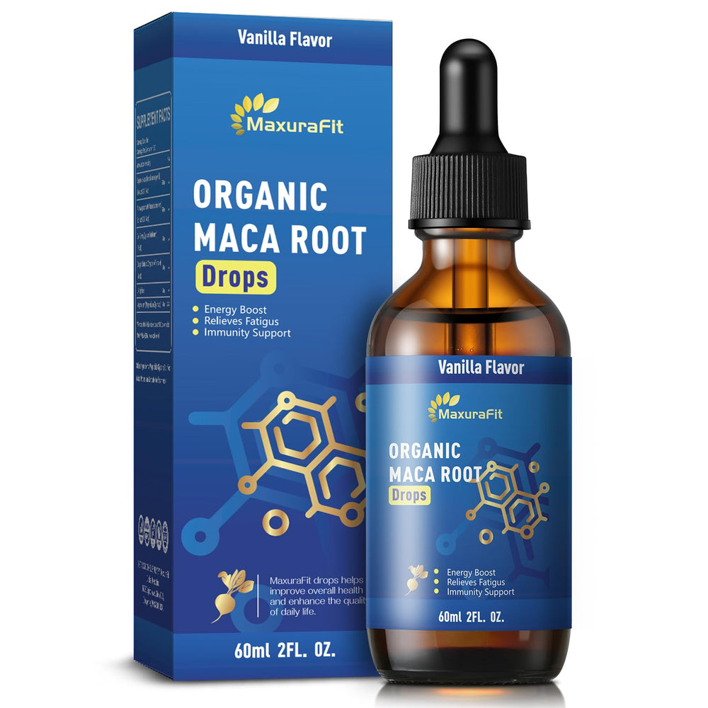 MaxuraFit maca-ashwagandha liquid drops bottle highlights a potent energy-boosting blend.