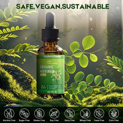 MaxuraFit Moringa Drops liquid close-up with moringa leaves for natural nutrition.