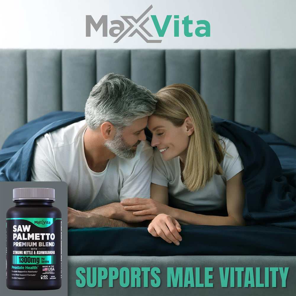 MaxVita Prostate Premium ingredients scene highlighting saw palmetto and nettle.