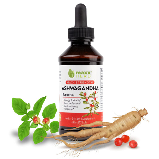 Maxx Herb Ashwagandha extract bottle label highlights potency for daily energy.
