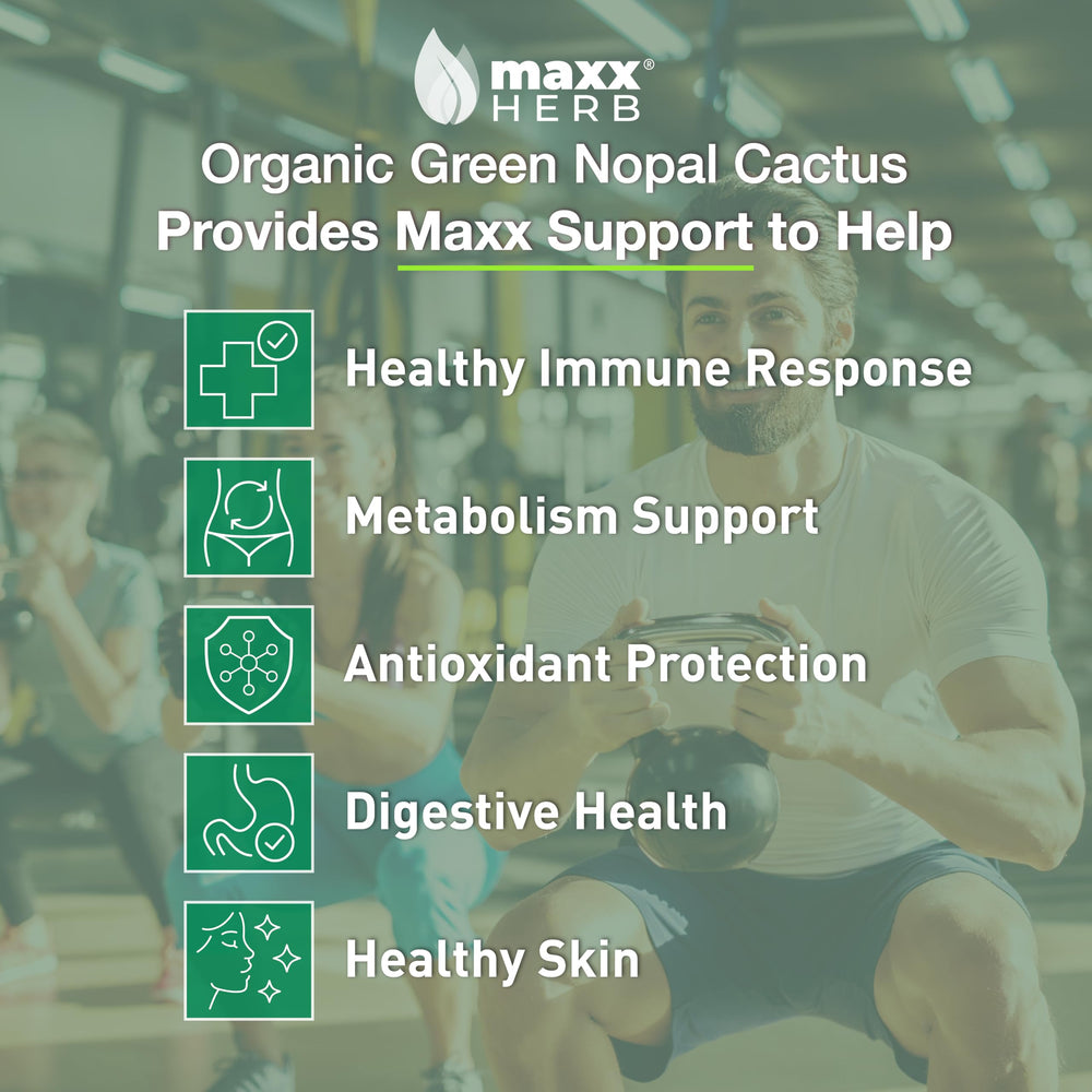 Maxx Herb Green Nopal Cactus Capsules label closeup highlights natural plant nutrients for vitality.