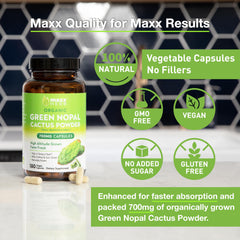 Maxx Herb Green Nopal Cactus Capsules on mountain farm backdrop evokes farm-fresh quality.