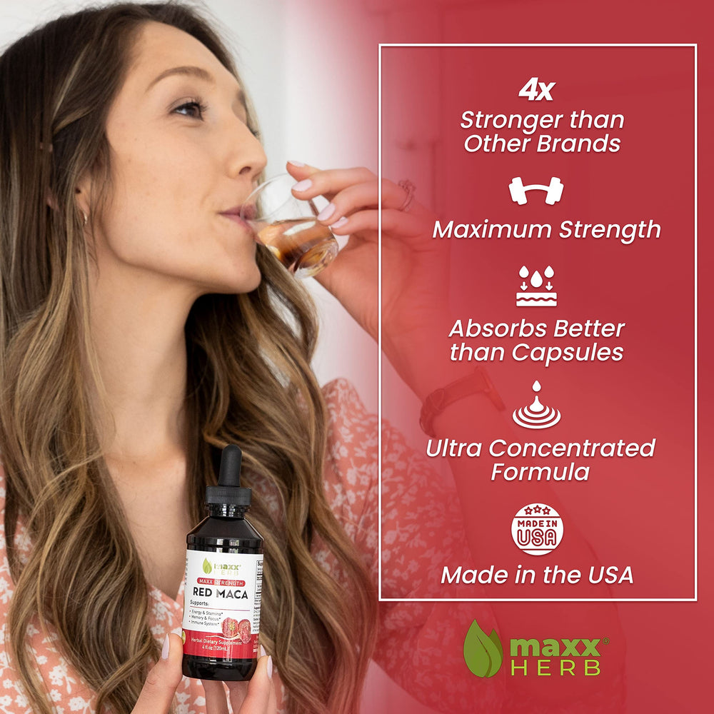 Maxx Herb Red Maca drops with a pipette illustrate quick absorption.