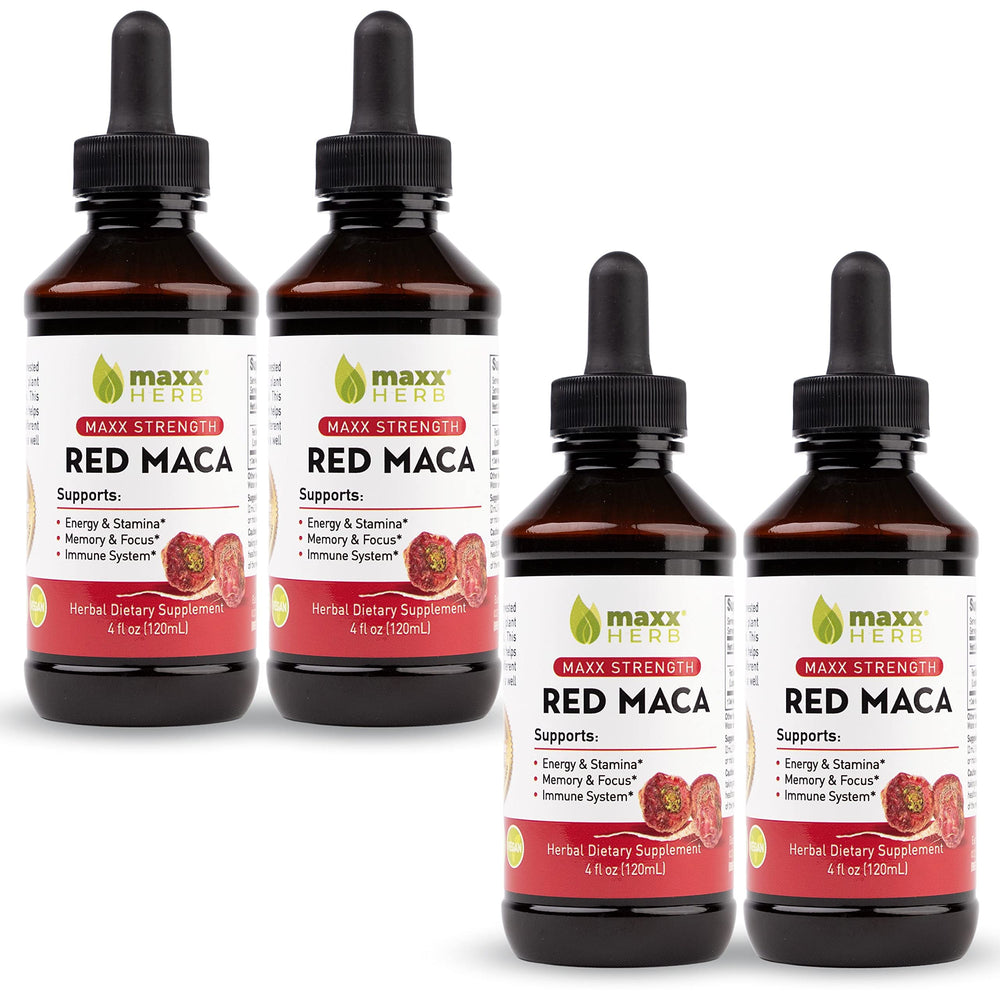 Maxx Herb Red Maca liquid bottle demonstrates concentrated potency for daily stamina.