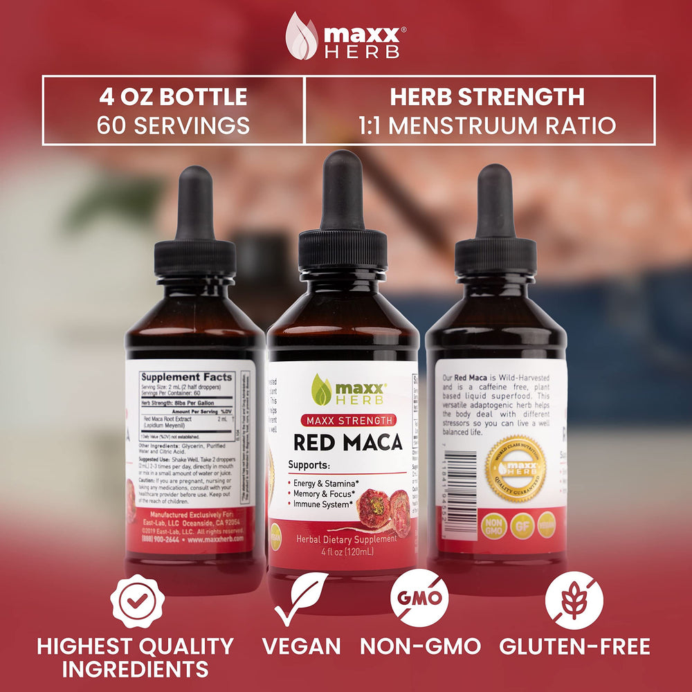 Maxx Herb Red Maca packaging highlights USA manufacturing and quality.