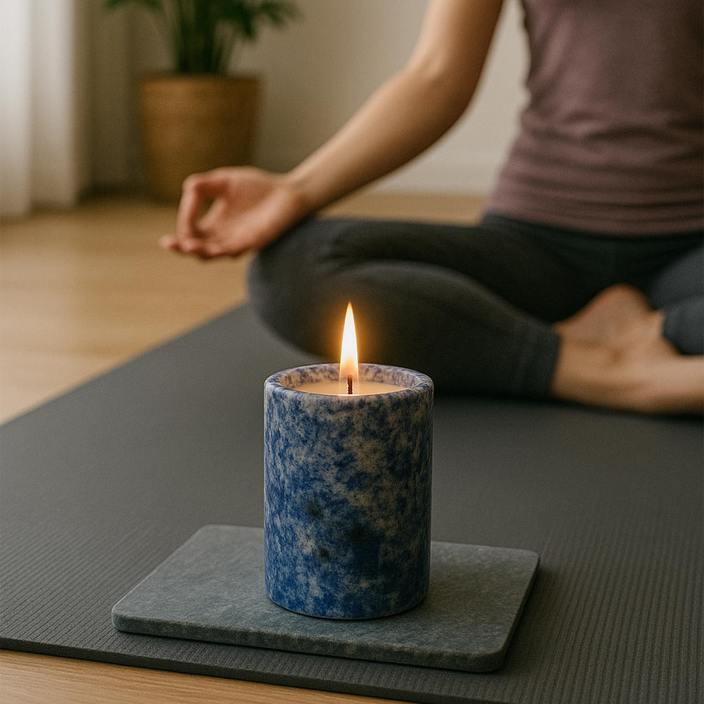 MAYROOM Blue Lapis Lazuli candle on a bedroom nightstand for tranquil evenings