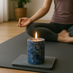 MAYROOM Blue Lapis Lazuli candle on a bedroom nightstand for tranquil evenings