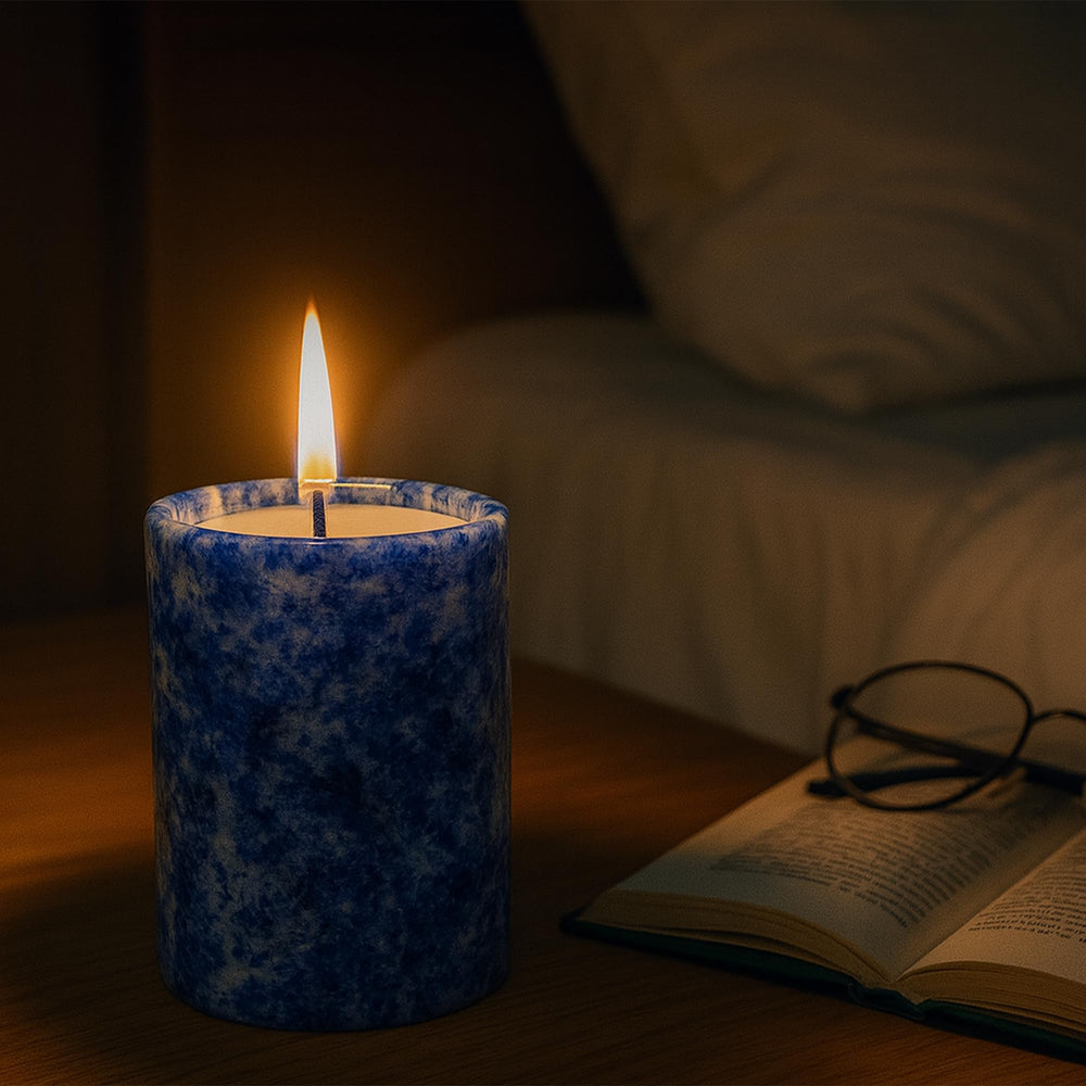 MAYROOM Blue Lapis Lazuli candle on a table as an elegant decorative accent