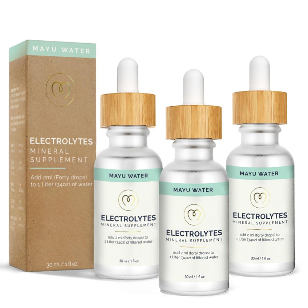 MAYU electrolyte drops three-bottle pack on shelf for convenient hydration