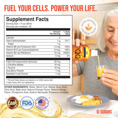 Close-up of MBS Biotechnology PQQ Liquid label highlighting ingredients and dosage.