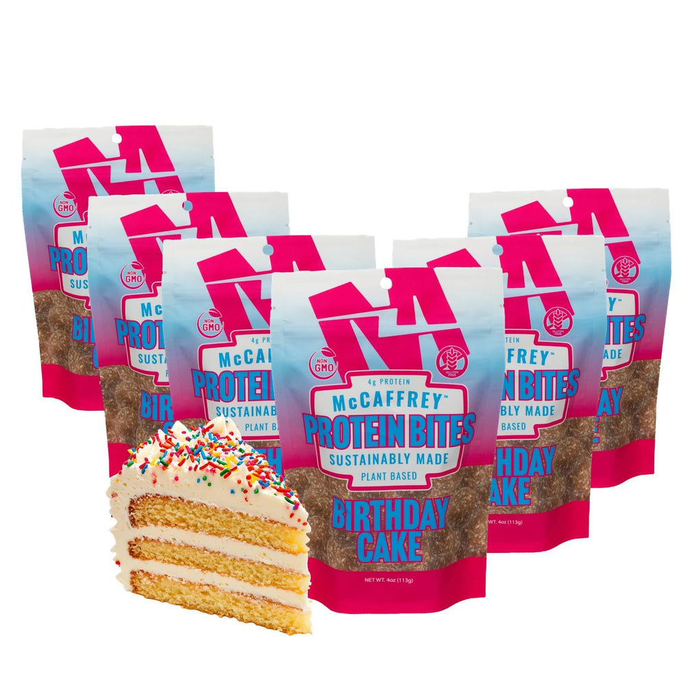 McCaffrey Protein Bites Birthday Cake pack front shows colorful sprinkles.