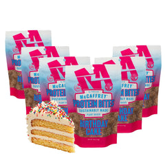McCaffrey Protein Bites Birthday Cake pack front shows colorful sprinkles.