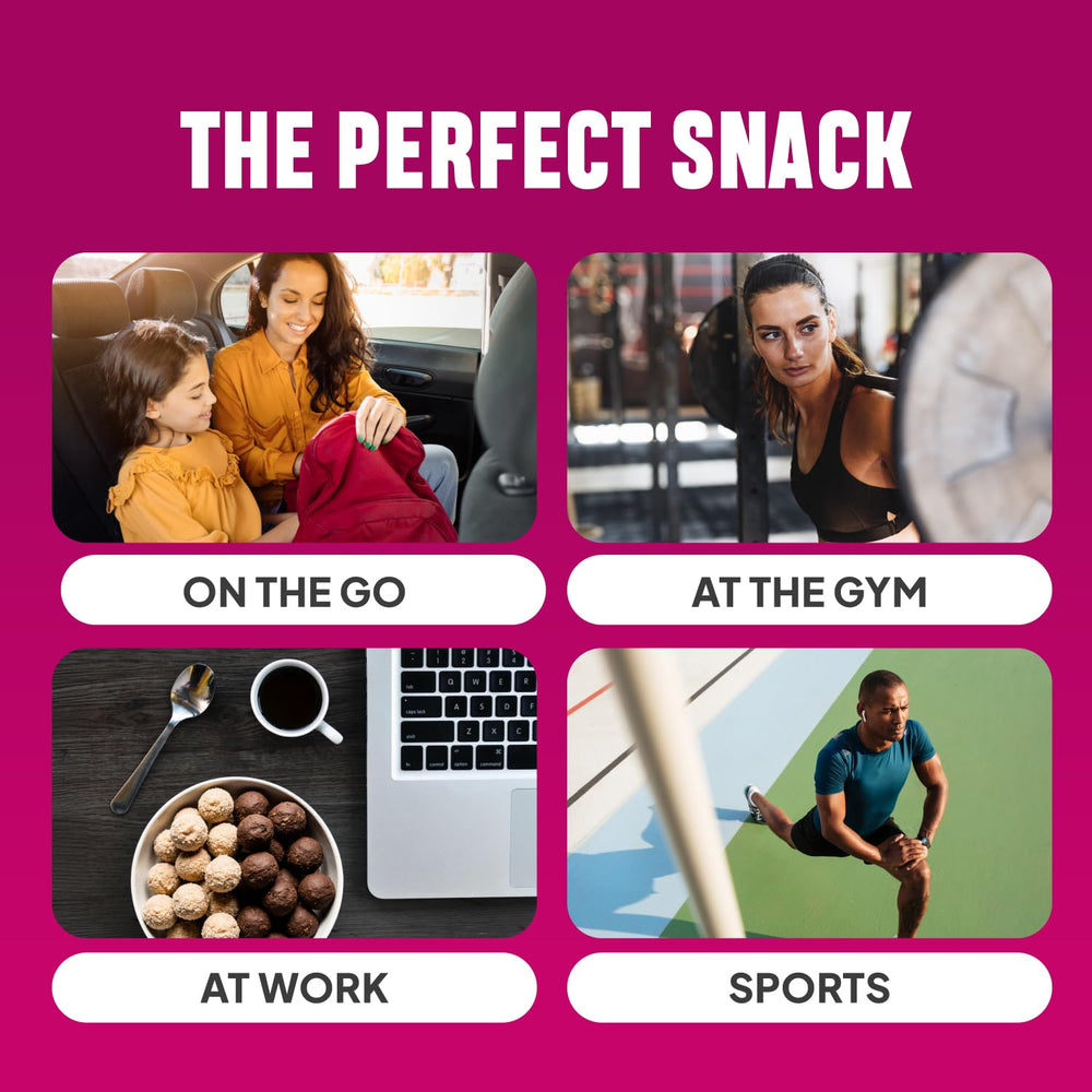McCaffrey Protein Bites Birthday Cake serving shot demonstrates grab-and-go snacking.