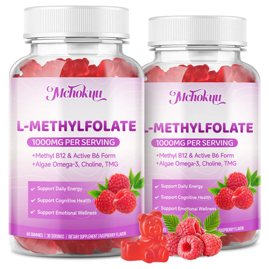 Mchokuu L-Methylfolate Gummies bottle highlights 1000mcg folate and vegan formula.
