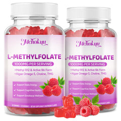 Mchokuu L-Methylfolate Gummies bottle highlights 1000mcg folate and vegan formula.