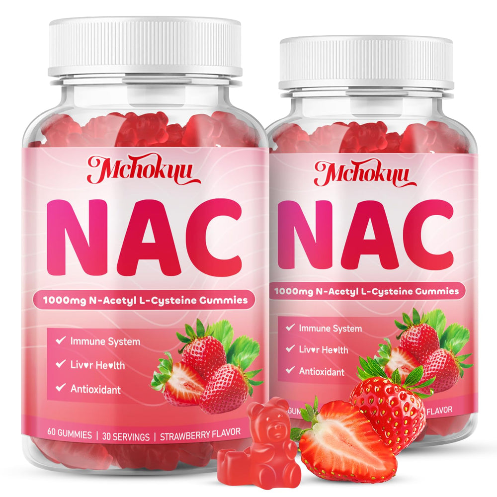 Mchokuu NAC gummies bottle showing 1000mg per serving for antioxidant support.